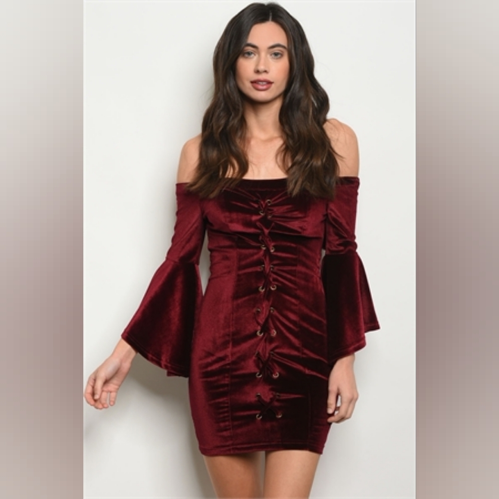 Burgundy off shoulder lace up velvet dress